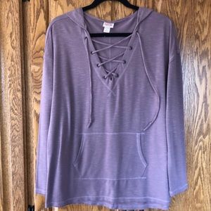 Tie Neck Mock Hoodie Long Sleeve